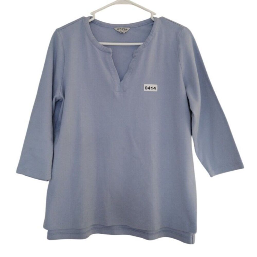 Orvis Blouse Top Women Medium Light Blue V Neck 3/4 Sleeve Outdoors Casual Beach